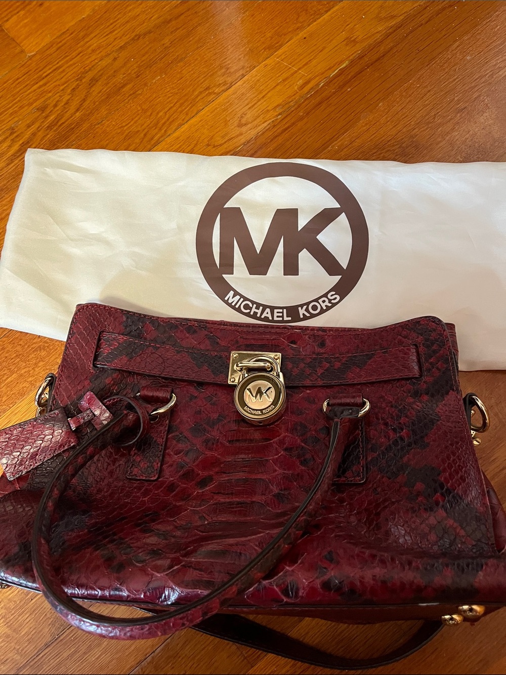 Michael Kors Red Snake-Embossed  Satchel with Gold Hardware